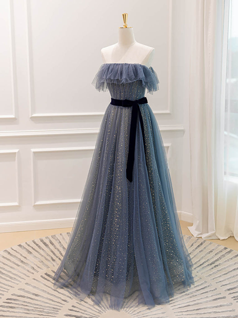 A-Line Off Shoulder Tulle Gray Blue Long Prom Dress, Gray Blue Formal Dress