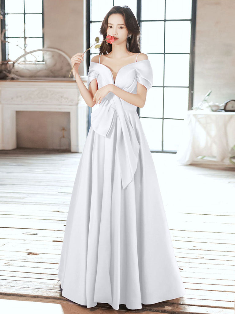 White A-Line Satin Long Prom Dress, White Formal Dress