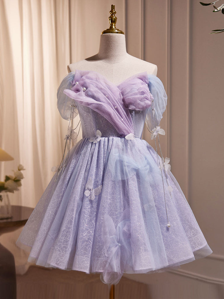 Purple Tulle Puffy Short Prom Dress, Cute Purple Homecoming Dress