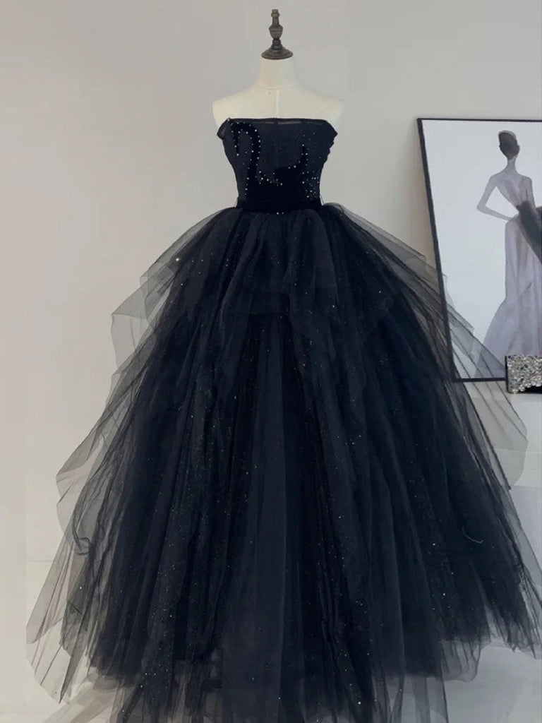 A-Line Tulle Black Long Prom Dress, Black Formal Evening Dress