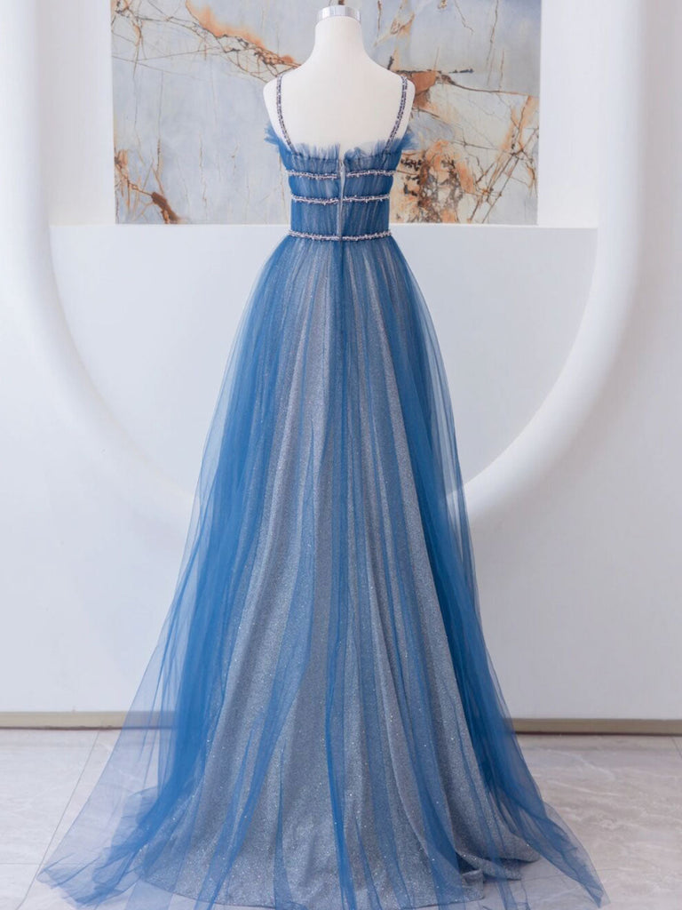 A-Line Blue Tulle Long Prom Dress, Blue Tulle Formal Dresses 24prom A-Line Blue Tulle Long Prom Dress, Blue Tulle Formal Dresses 24prom