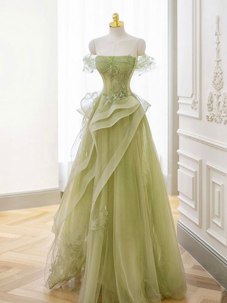 sachin and babi light blue dress Green Floral Tulle Deep V-neck Ankle Length Prom Gown