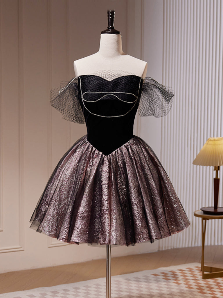 Black Mini Short Prom Dress, Sweetheart Neck Black Cute Homecoming Dress