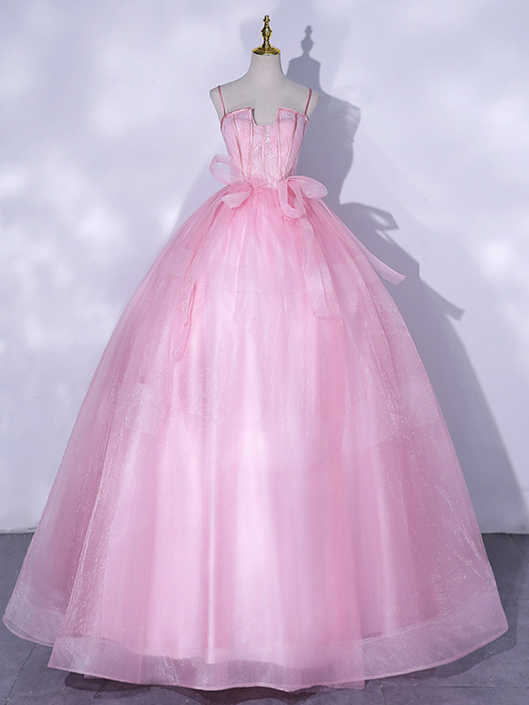 Pink A-Line Tulle Lace Long Prom Dresses, Pink Sweet 16 Dress