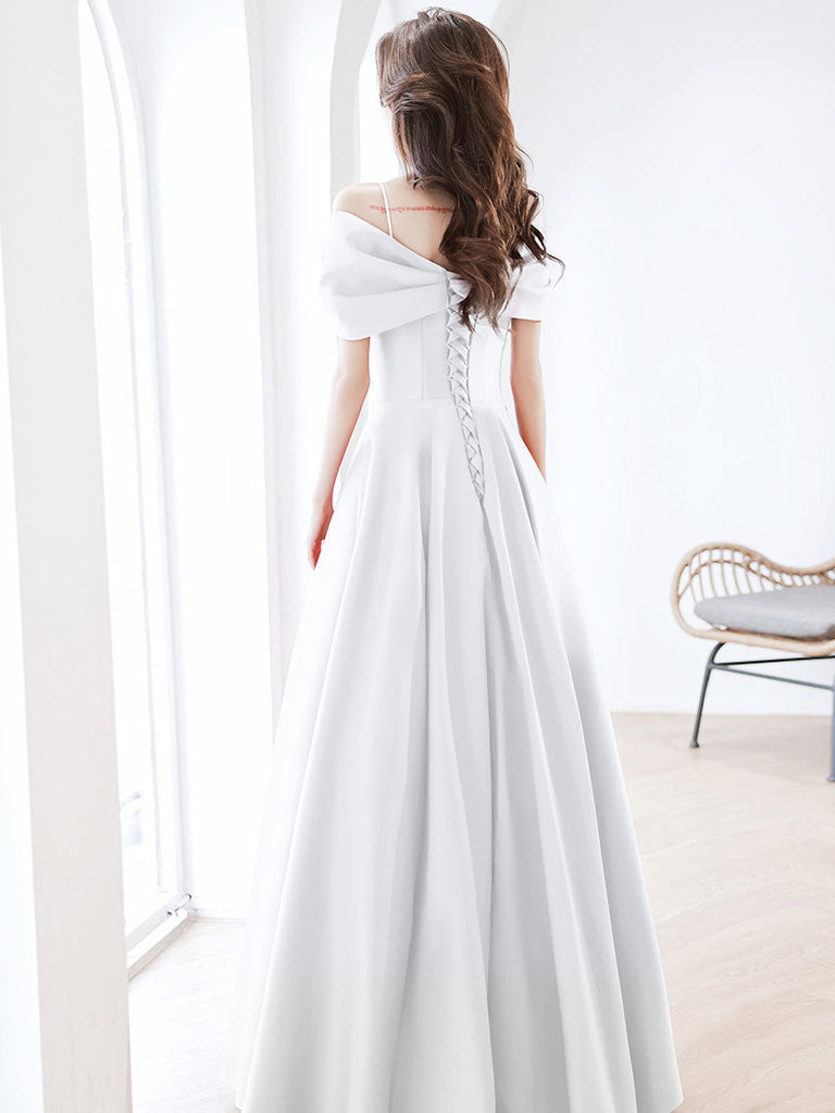 White A-Line Satin Long Prom Dress, White Formal Dress