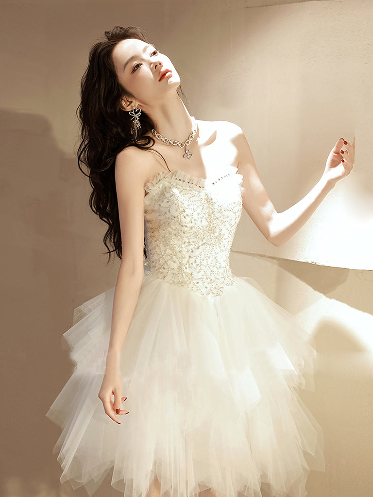 Beige Tulle Short Prom Dress, Sequin Tulle Cute Homecoming Dress