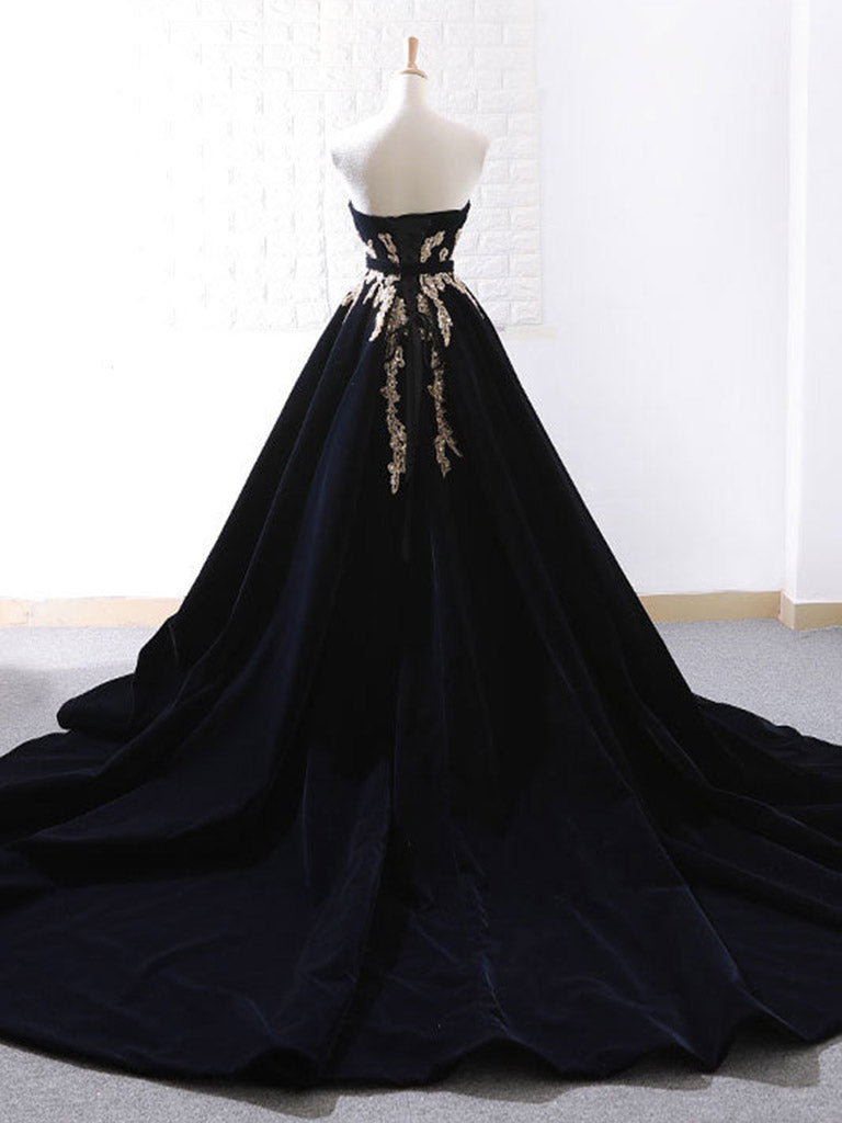 Black Velvet Sweep Train Long Prom Dress, Black Velvet Long Evening Dress