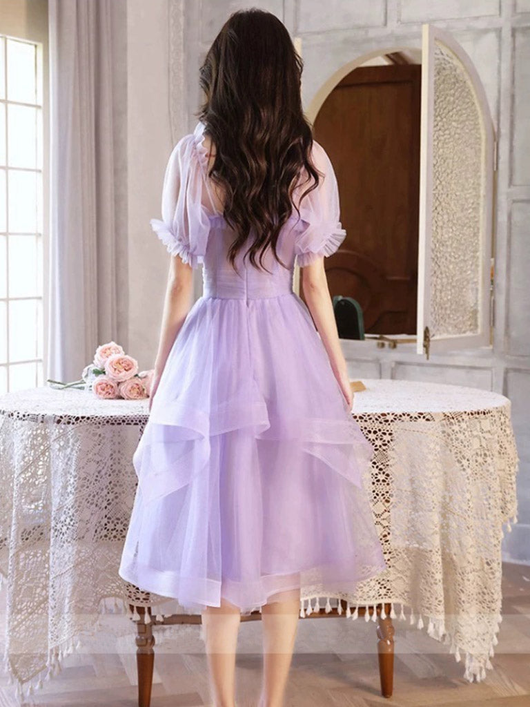 open lace back dress Purple Tulle Short Prom Dress, Purple Homecoming Dress – 24prom