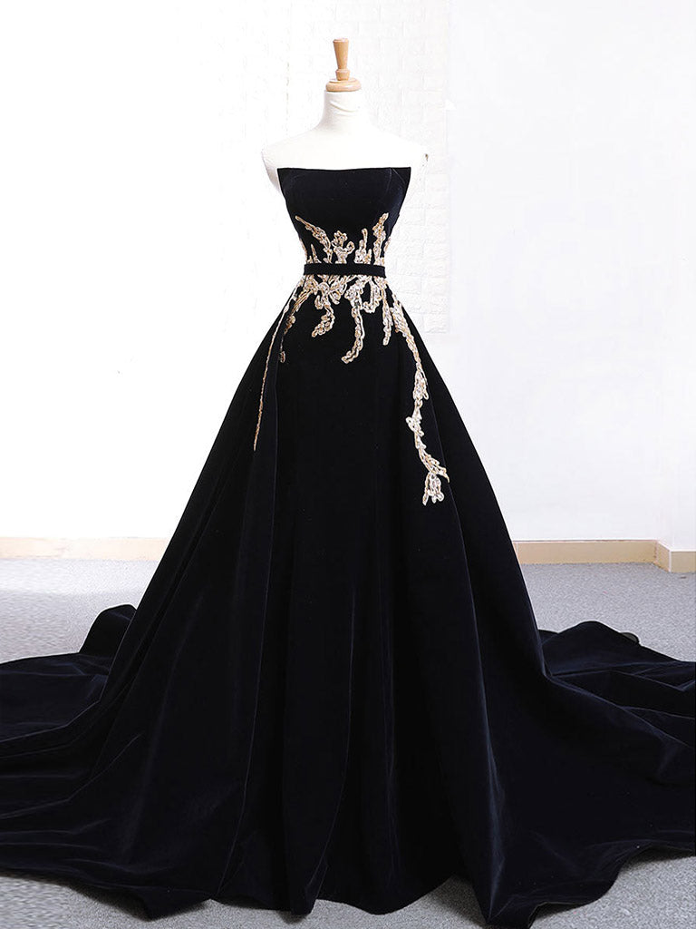 Black Velvet Sweep Train Long Prom Dress, Black Velvet Long Evening Dr –  24prom