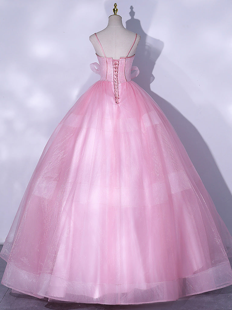 Pink A-Line Tulle Lace Long Prom Dresses, Pink Sweet 16 Dress