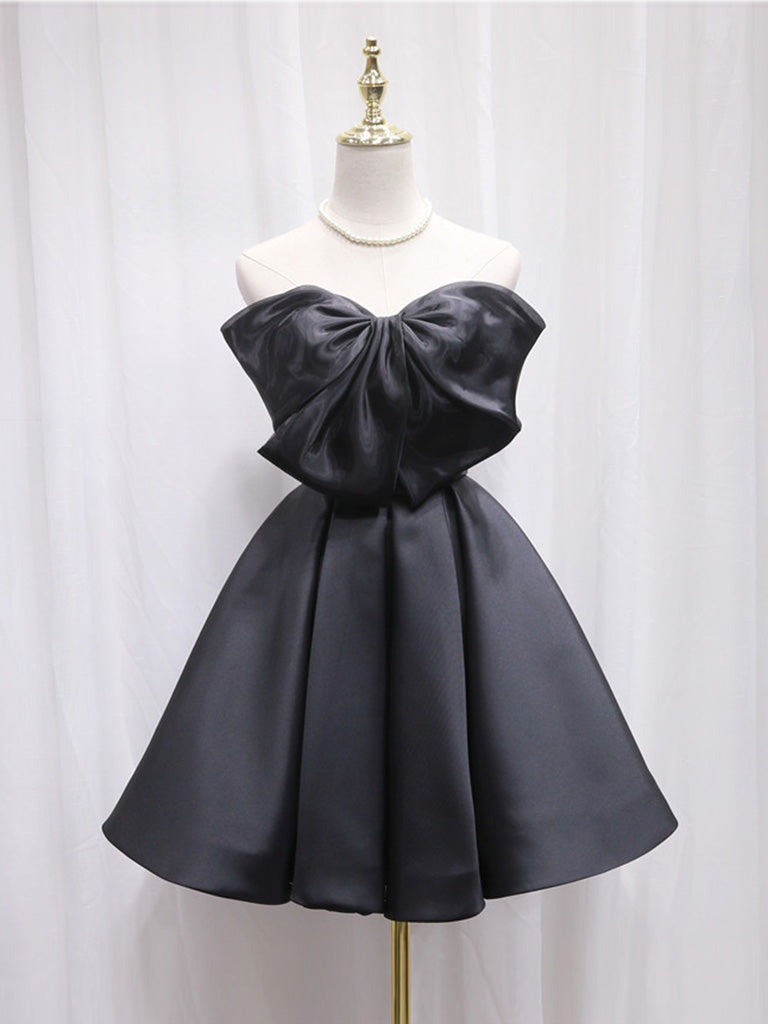 Black Tulle Satin Short Prom Dress, Black Homecoming Dress – 24prom