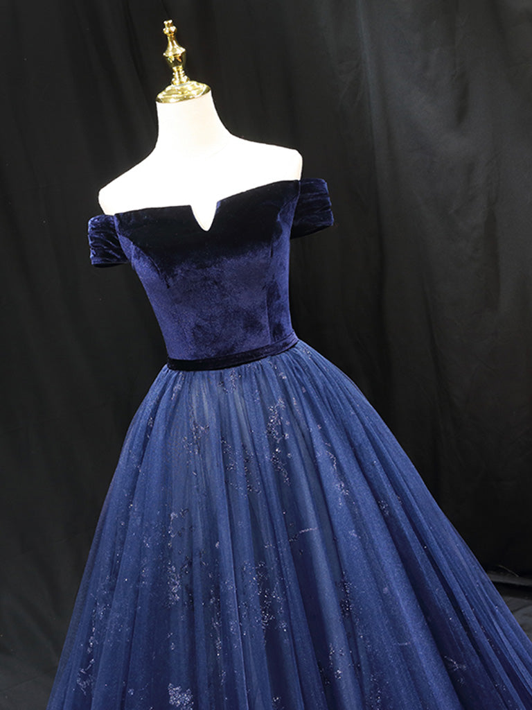 A-Line Blue Tulle velvet Long Prom Dress, Blue Formal Evening Dress