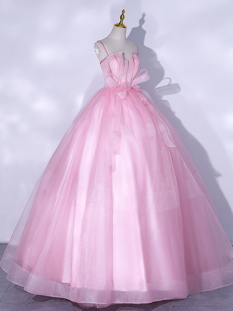 Pink A-Line Tulle Lace Long Prom Dresses, Pink Sweet 16 Dress