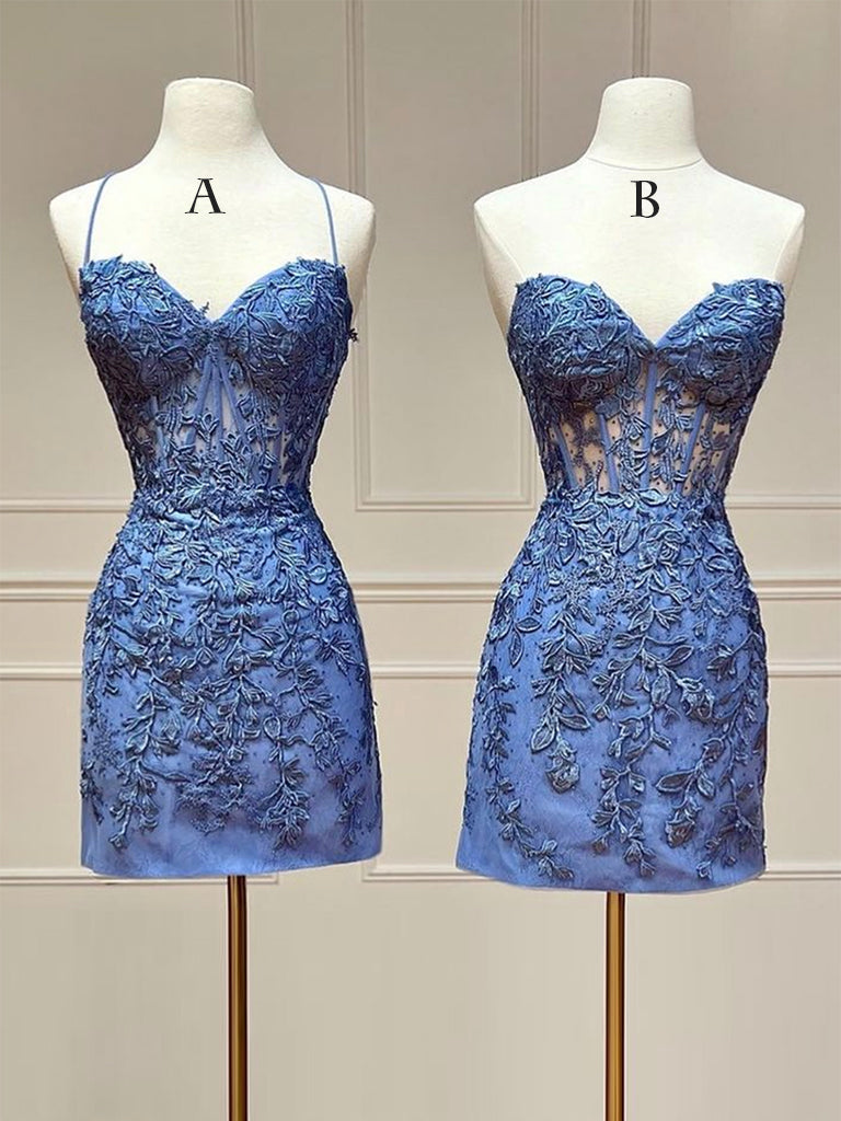 Blue Sweetheart Neck Lace Short Prom Dress, Blue Homecoming Dress