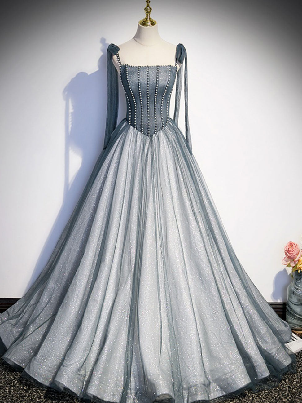 Gray Long Prom Dresses, Gray Formal Evening Dress with Beading  24prom