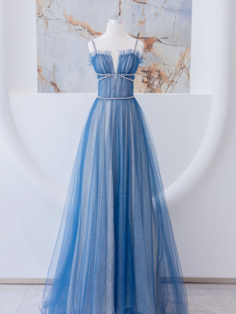 A-Line Blue Tulle Long Prom Dress, Blue Tulle Formal Dresses
