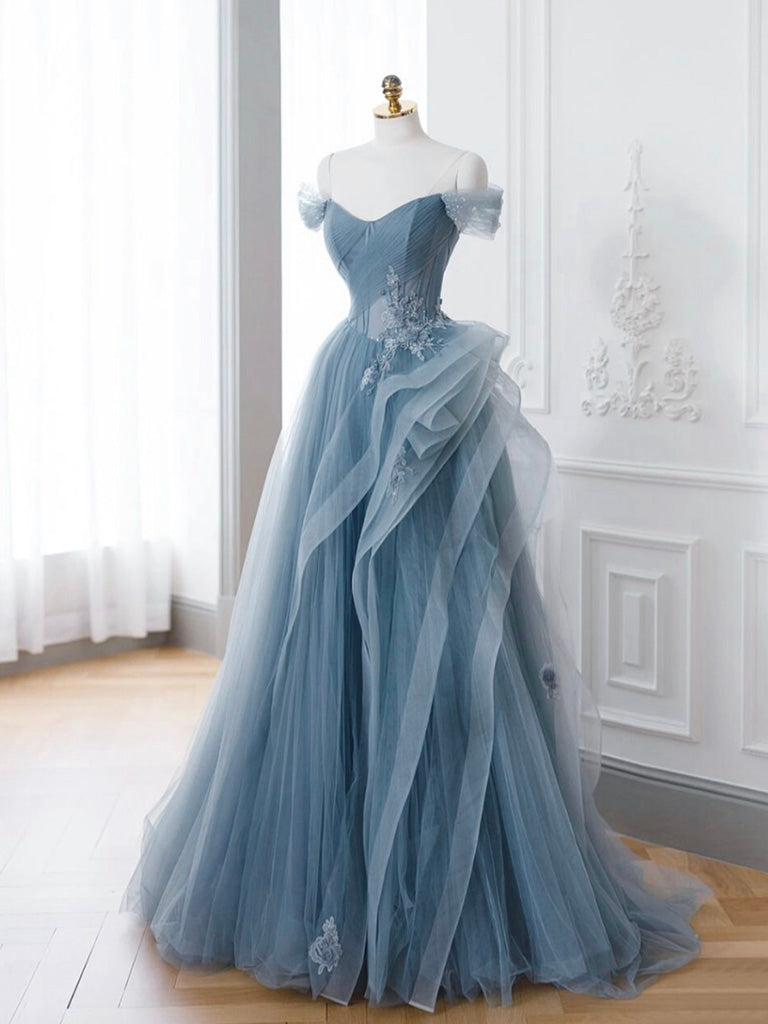 Gray Blue Tulle Lace Long Prom Dress, Gray Blue Formal Dress