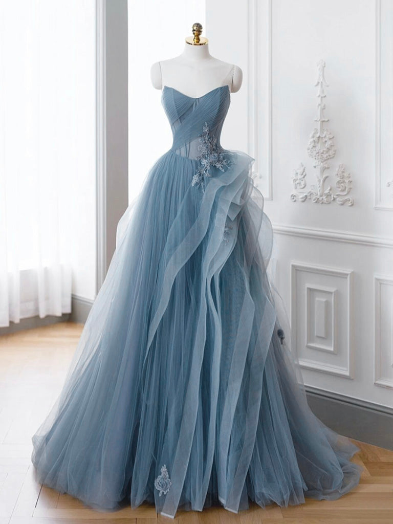 Gray Blue Tulle Lace Long Prom Dress, Gray Blue Formal Dress