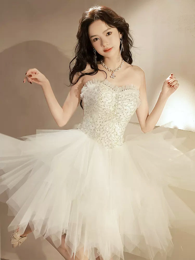 Beige Tulle Short Prom Dress, Sequin Tulle Cute Homecoming Dress