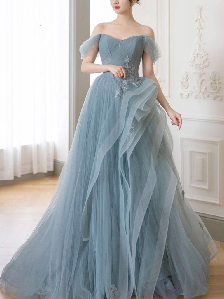 Gray Blue Tulle Lace Long Prom Dress, Gray Blue Formal Dress