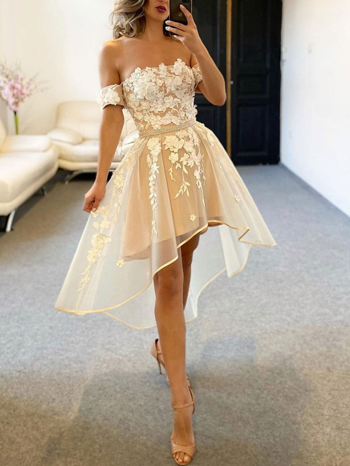 Champagne high low lace prom dress champagne lace homecoming dress  24prom