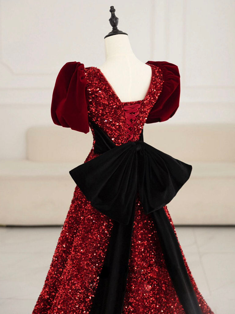 Burgundy V Neck Velvet Sequin Long Prom Dress, Burgundy Formal Dress