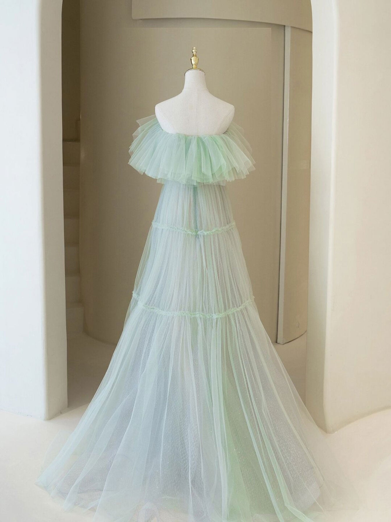 slim fit dress slacks Mint Green Strapless Tulle Tiered Ruffles High-Low Prom Dress, Mint Green / 18