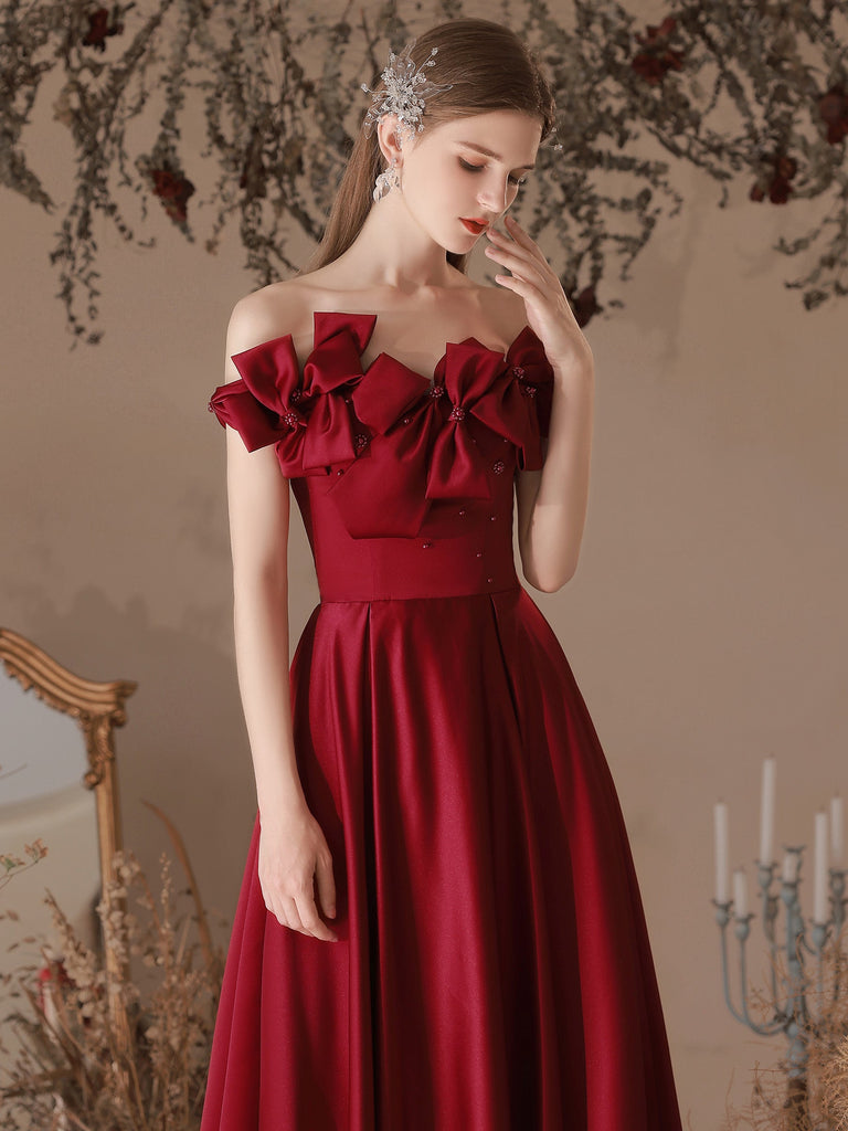 A-Line Burgundy Satin Long Prom Dress, Burgundy Formal Dress