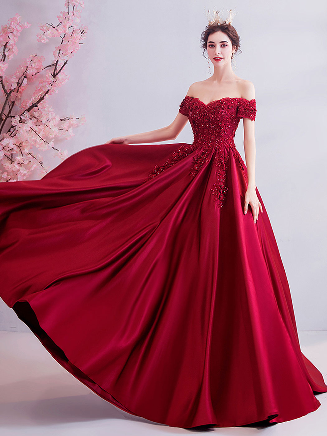 open lace back dress Burgundy A-Line Satin Lace Long Prom Dresses, Burgundy Evening Dresses –  24prom