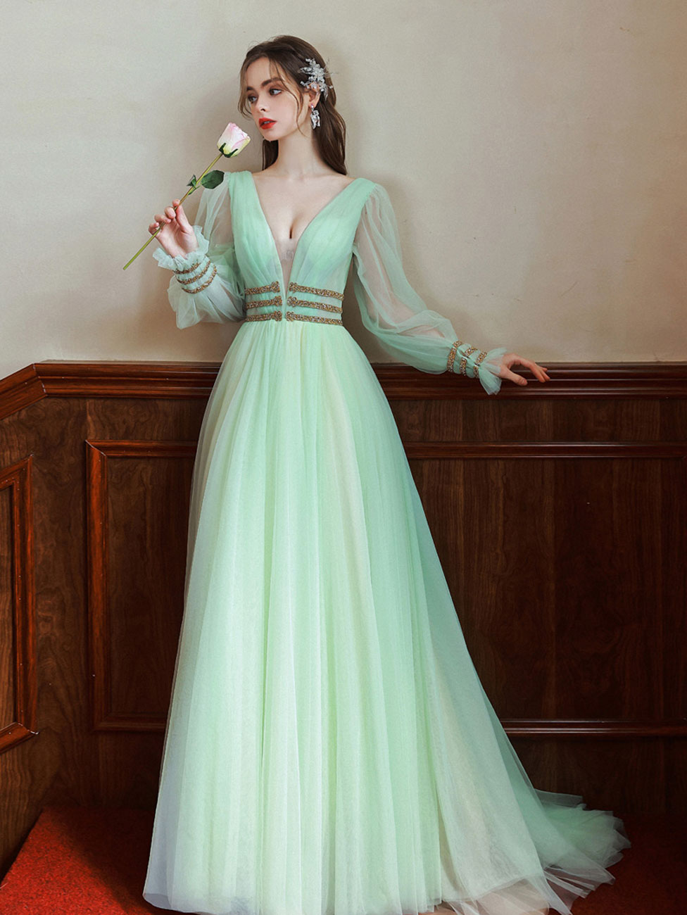 Green V Neck Tulle Green Long Prom Dresses, Green Long Formal Evening 24prom Green V Neck Tulle Green Long Prom Dresses, Green Long Formal Evening 24prom