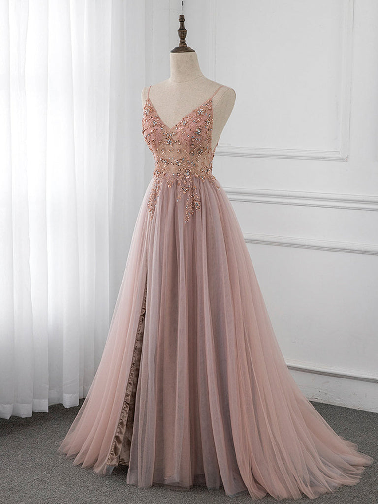 A-Line V Neck Tulle Beading Pink Long Prom Dress. Pink Formal Dress