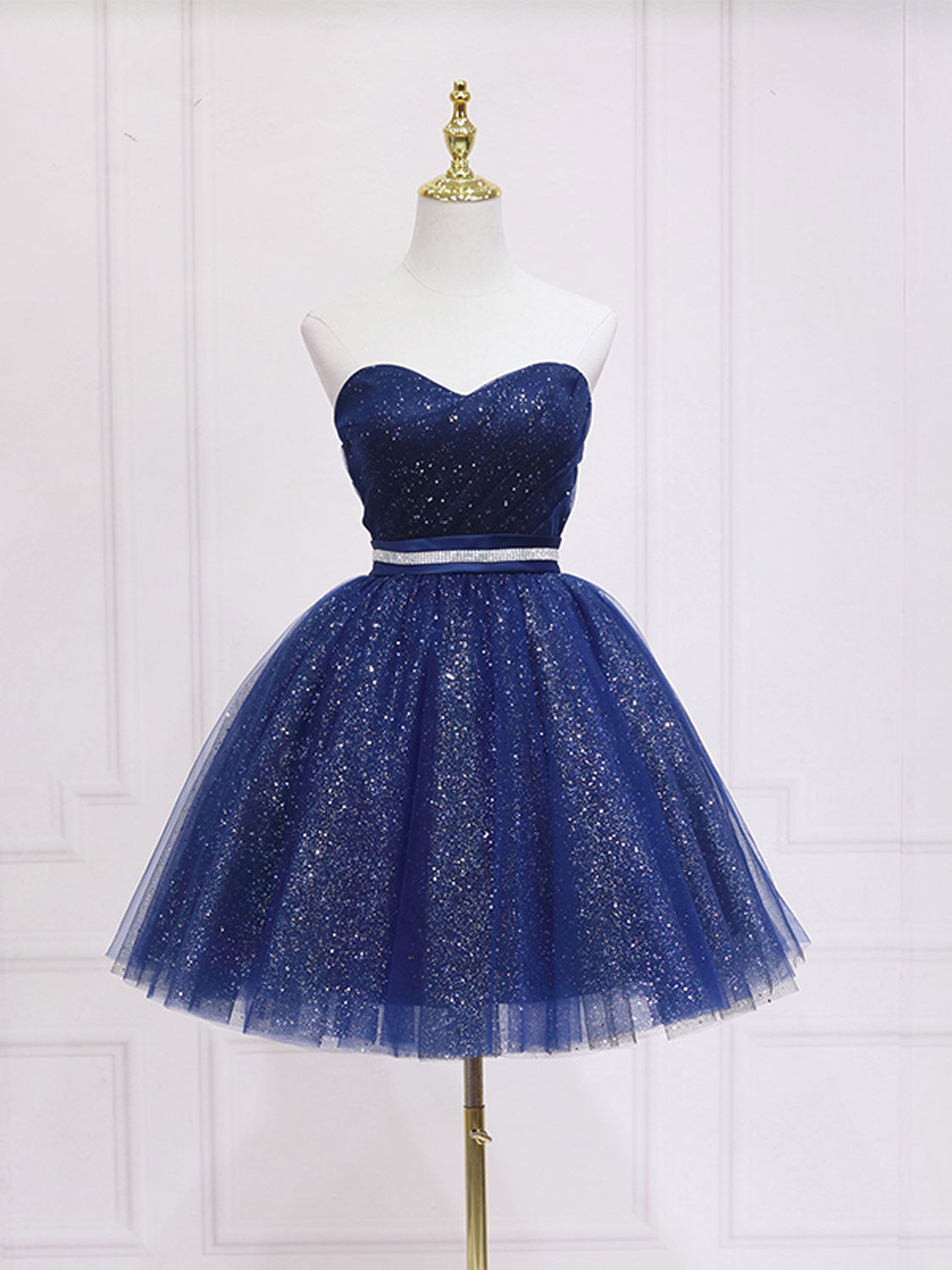 Dark blue sweetheart neck tulle short prom dress blue homecoming dress –  24prom