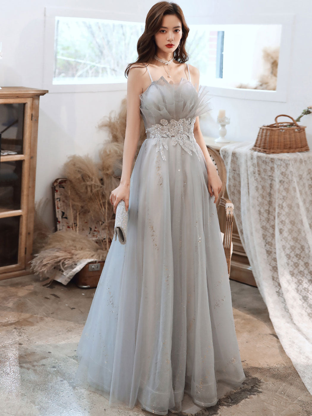 gray tulle prom dress Gray Tulle A-line Off-the-Shoulder Long Prom Dresses, Evening Gowns, MP715