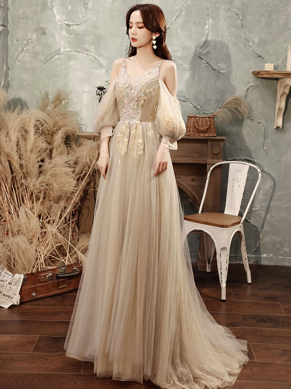 Champagne Tulle Lace Long Prom Dress, A line Lace Formal Graduation Dr   24prom