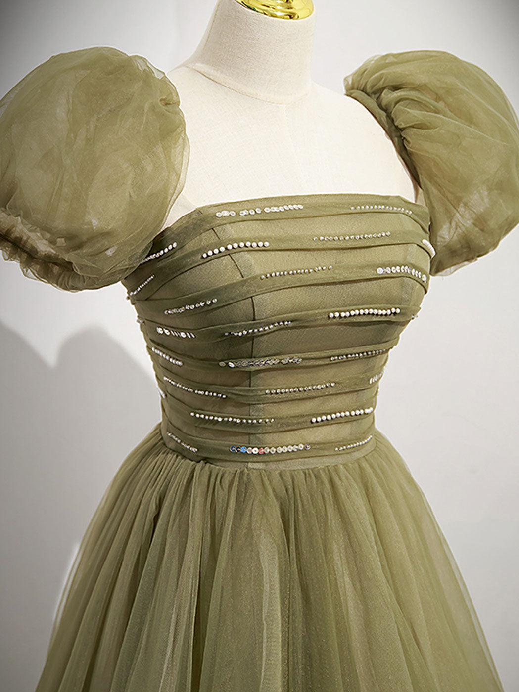A line tulle sequin long prom dress green tulle formal dress  24prom