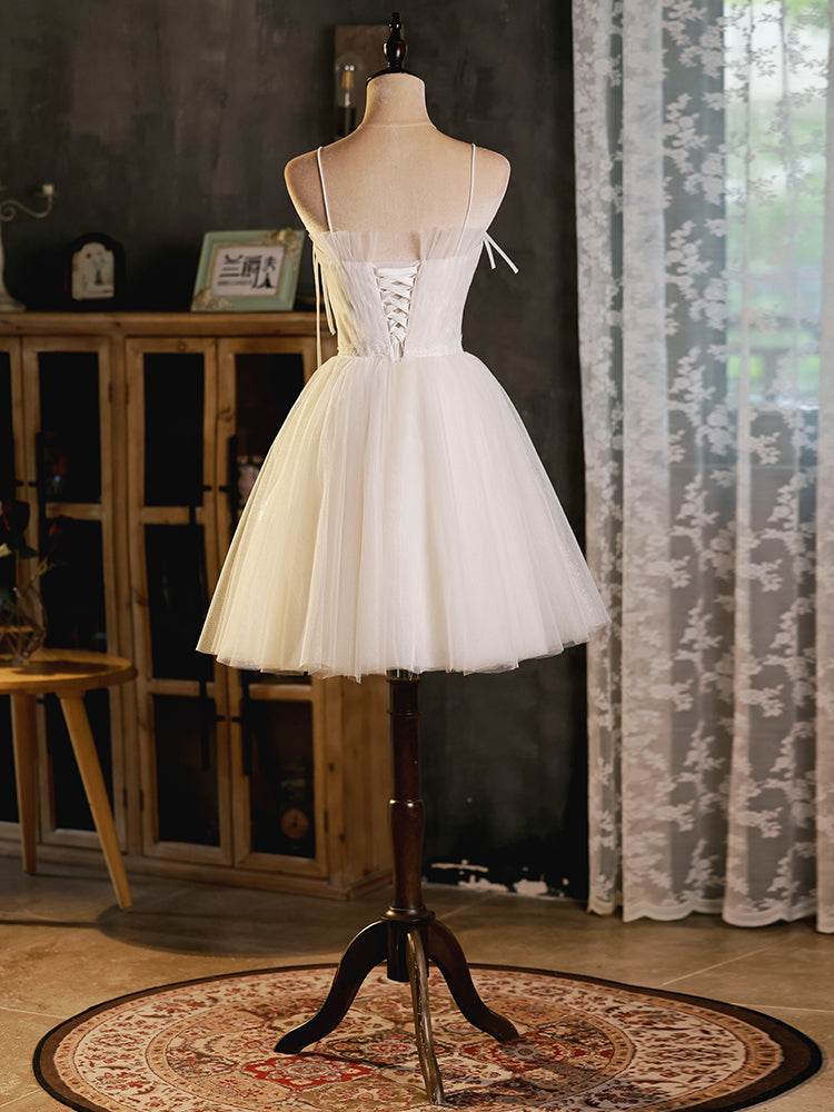 A-Line Beige Tulle Short Prom Dress, Beige Cute Homecoming Dress – 24prom