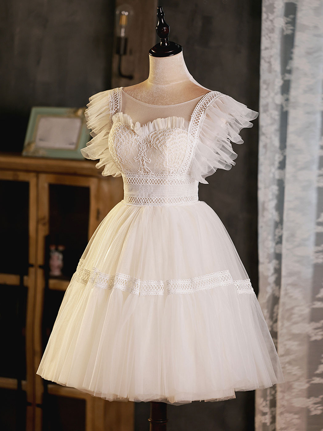ivory prom dresses short Ombreprom Homecoming Dress Pretty Ivory Tulle Lace Appliques Bowknot Short Prom Dress