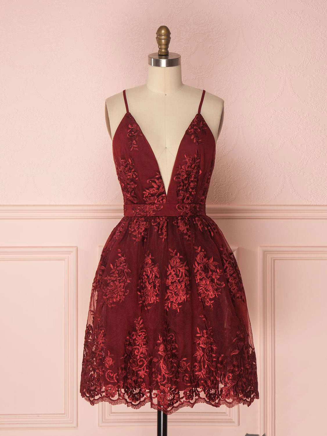 V neck tulle lace short burgundy prom dresses, backless burgundy homec –  24prom