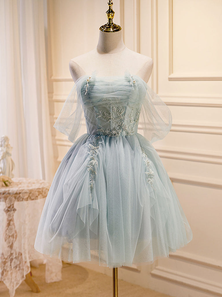 Puffy Tulle Off Shoulder Green Short Prom Dress, Green Cute Homecoming Dresses